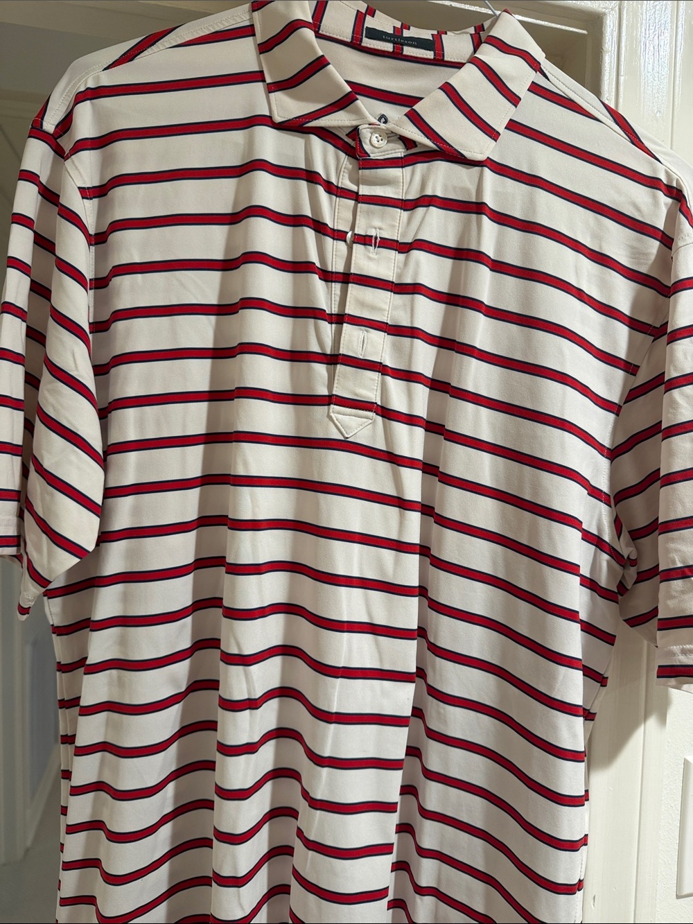 Striped White Polo with Red & Navy Accents - Men's Casual Shirt